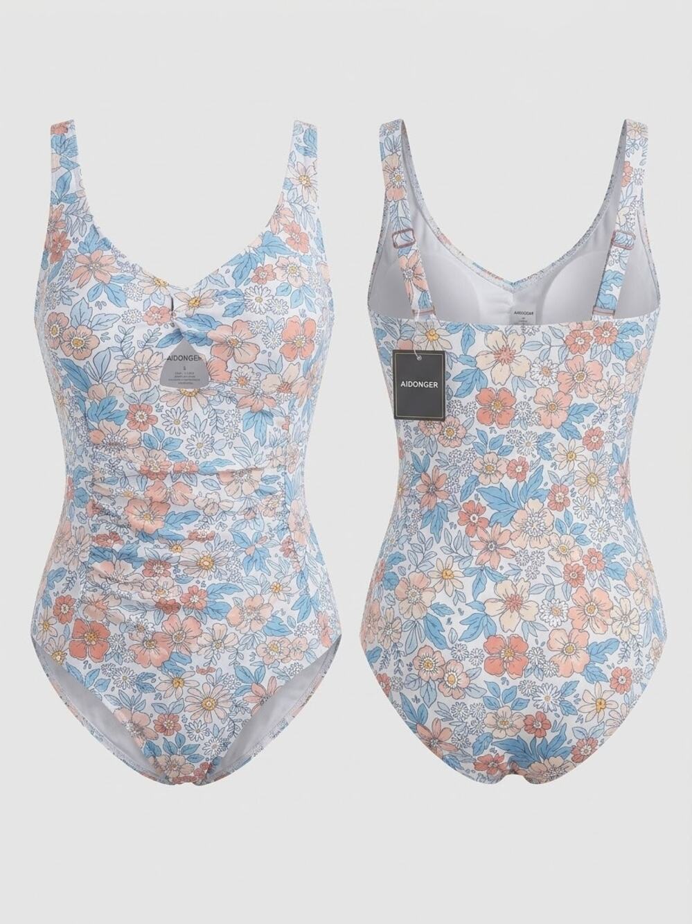Aidonger Front Ruched 1 PC Swimsuit Womens size M White Spring Floral Pretty